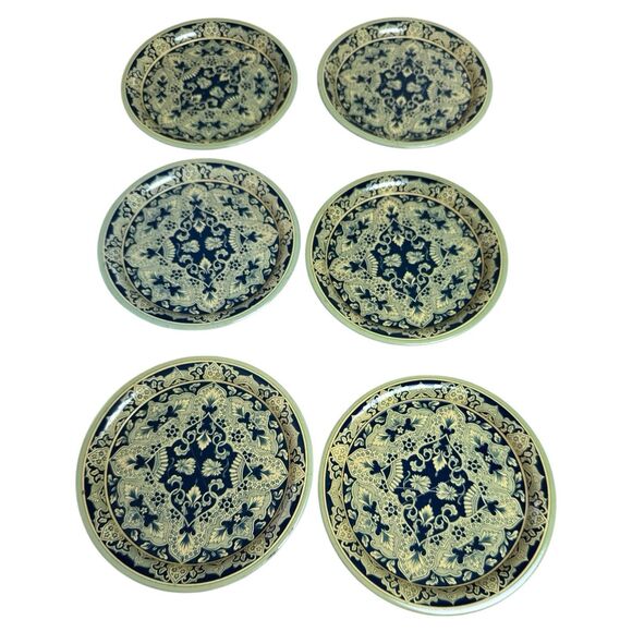 Vintage Delft Holland Metal Snack Plates Set/6 - 6” Blue Windmill - Picture 1 of 9